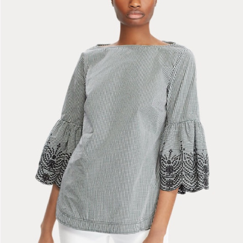 LAUREN RALPH LAUREN Eyelet-Sleeve Gingham Top